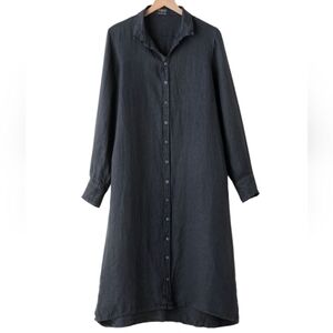 CP shades Navy Blue 100% Linen Midi Dress Long Sleeve Shirt Collar Dress Medium